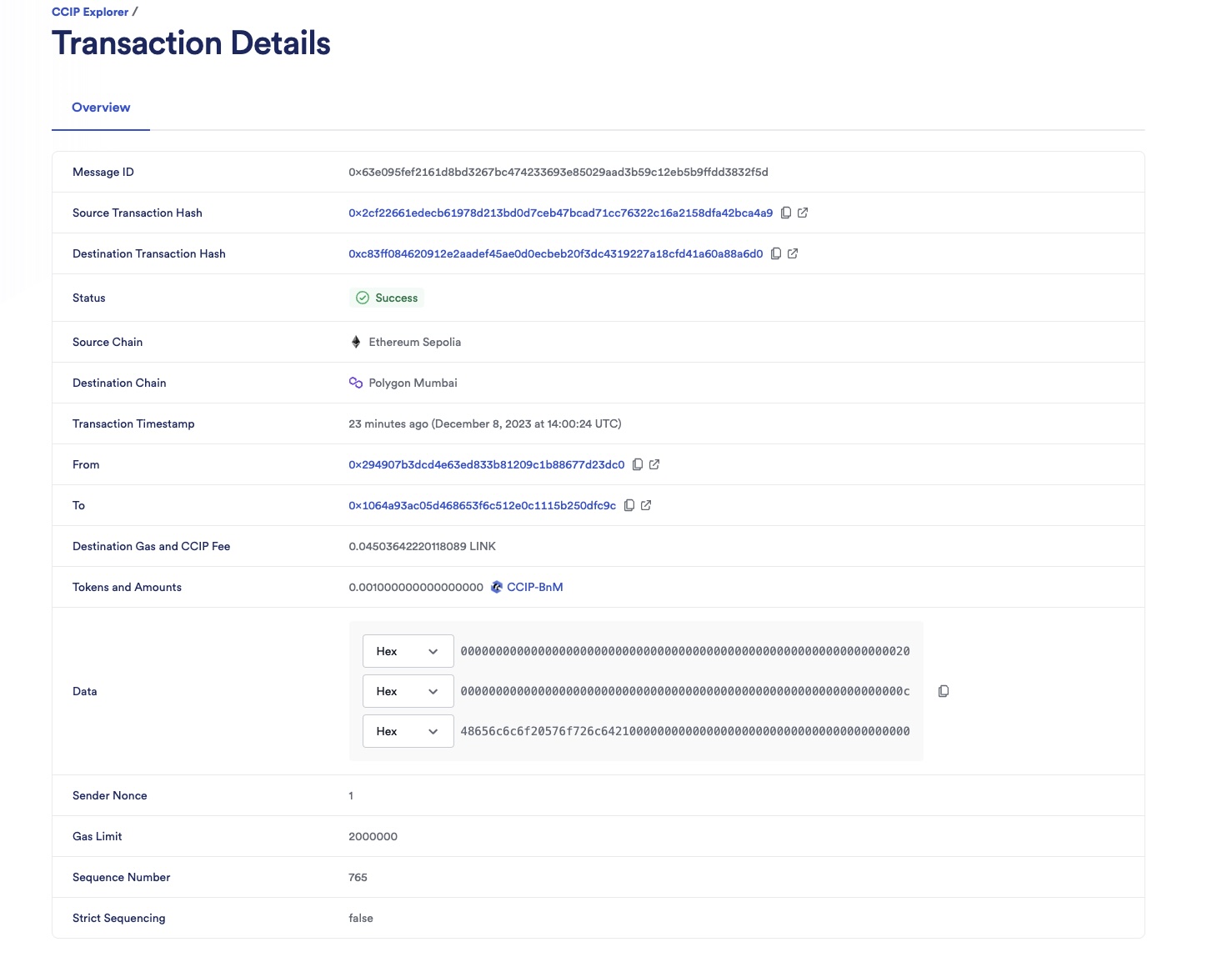 Chainlink CCIP Explorer transaction details success